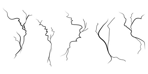 Hand drawn cracked wall, ground, glass, egg. doodle break set. vector illustration