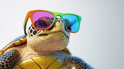 Obraz premium Turtle wearing colorful sunglasses looks smug against a blurred white background