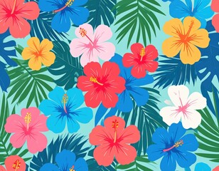 Obraz premium Colorful Hibiscus Flowers and Palm Leaves Pattern