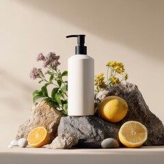 Natural skincare product displayed on stones with fresh lemons and flowers in a serene setting