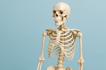 Human male adult skeleton anatomical model with ribcage skull and spine on blue background