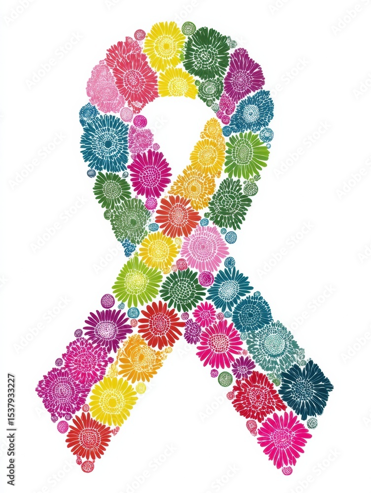 Poster support ribbon design arranged in a vibrant floral pattern showcasing unity and hope for various cau
