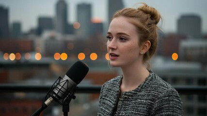 Young woman singing into a microphone on rooftop during evening - Powered by Adobe