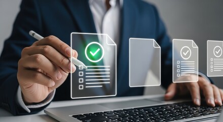 Businessman filling online survey form on a laptop, ticking checkboxes for business process automation