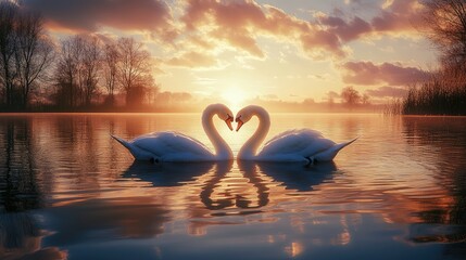 Fototapeta premium Swans in Heart Shape Formation at Sunrise on Calm Water