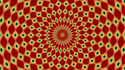 Colorful spiral pattern with orange and yellow shapes radiating from the center on a red background