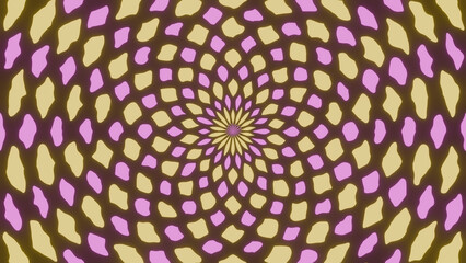 Colorful spiral pattern with pink and yellow shapes radiating from the center on a dark background