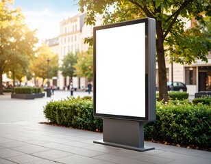 Blank billboard stands ready for advertising in a vibrant city park setting