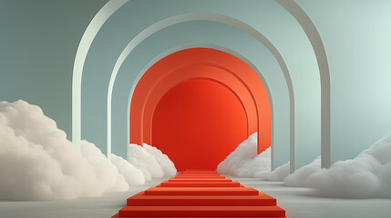 Minimalist 3D Archway with Red Staircase and Clouds