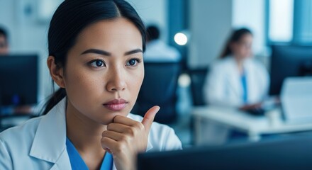 Thoughtful asian female doctor looking concerned while using computer in modern hospital office with colleagues working in background