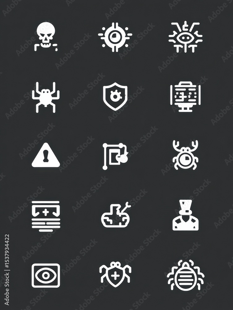 Poster Shapes Depicting Various Types of Malware With Neutral Icons Representing Cyber Threats, Security, and Digital Safety in a Simple Design
