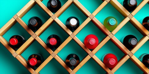 Wine bottles stored in a stylish wooden rack with colorful caps