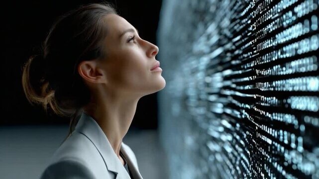 Visionary Gaze: A focused businesswoman gazes thoughtfully at a futuristic digital display, symbolizing innovation and progress in technology.