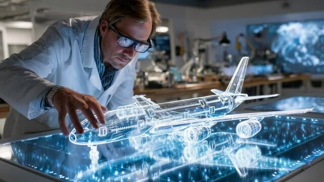 Engineering Vision: A skilled aviation engineer, in his professional element, studies a detailed model of a modern passenger aircraft, illustrating his proficiency in the field.