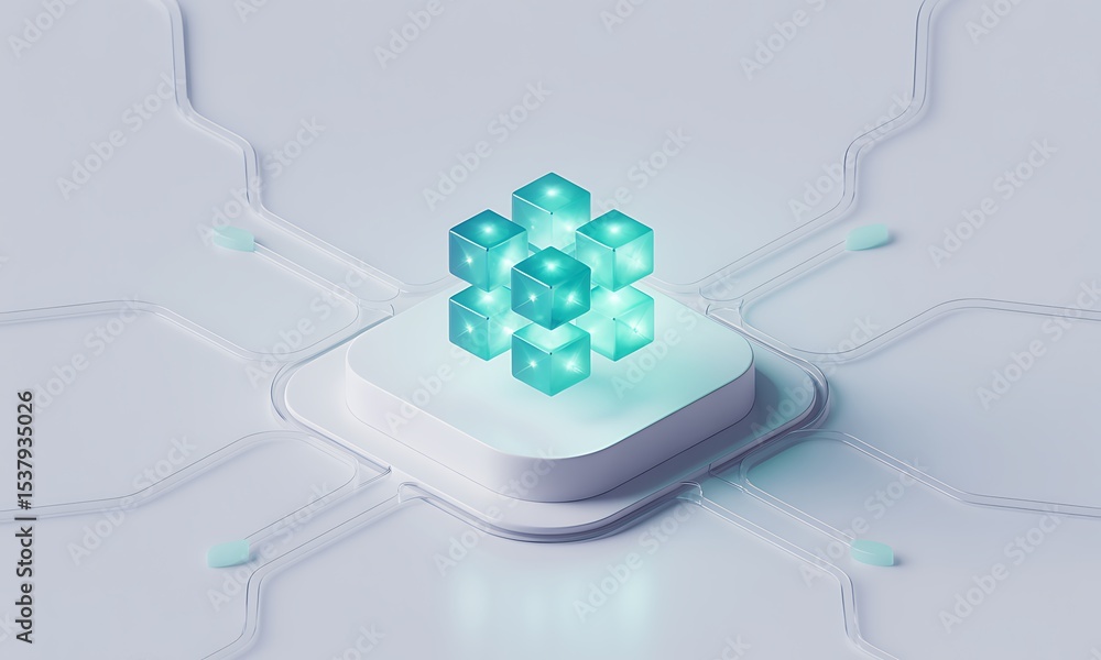 Poster Digital Cubes Interact on a Platform, representing data processing and cloud computing, with a futuristic mood and conceptual keywords like 'artificial intelligence' and 'high technology'.