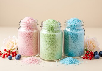 Colorful Bath Salts Jars in Pastel Tones with Delicate Floral and Berry Accents