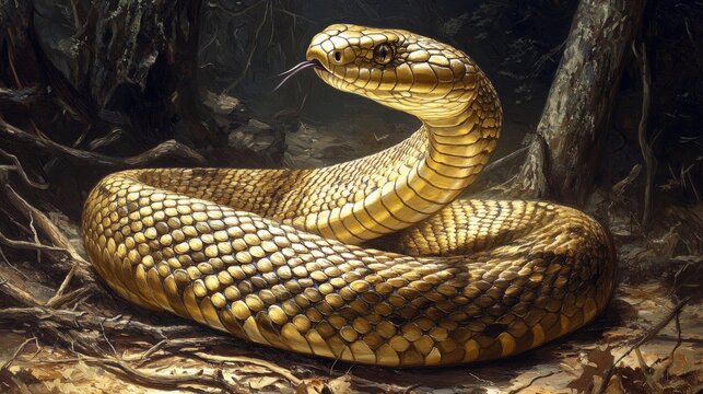 A coiled golden snake with its tongue extended in the forest - Powered by Adobe