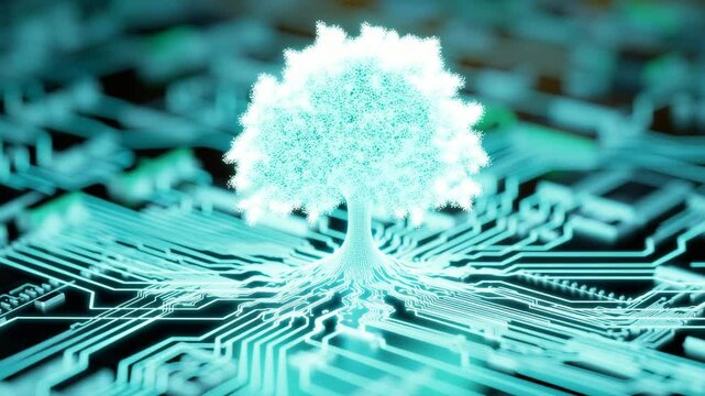 A static shot The glowing blue circuit roots quickly etch themselves onto the dark circuit board The tree then grows rapidly from the center