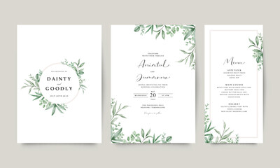 Beautiful wedding invitation card template set in watercolor greenery decoration