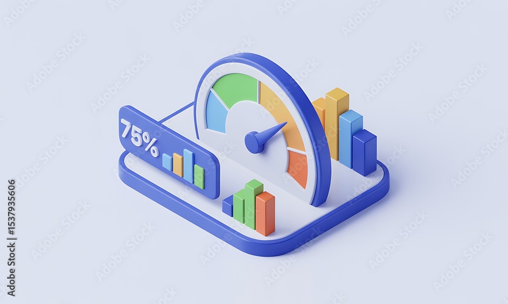 Poster gauge measures performance, displaying 75% progress, in a minimalist studio setting, as a 3d renderi