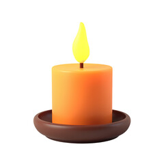 Illuminated orange candle on a brown saucer  isolated on transparent background