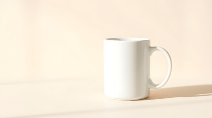Fototapeta premium White mug standing on beige table with window light creating shadows