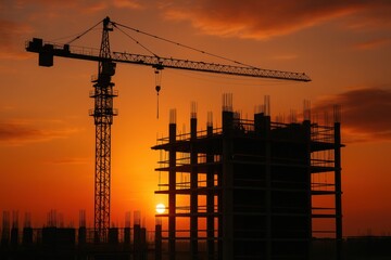 Silhouette of tower crane and high-rise building under construction at sunset with orange sky background