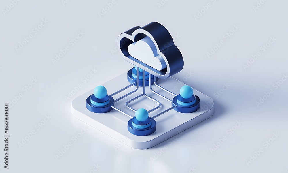 Poster Cloud computing network links data in a clean and abstract illustration, showcasing data transfer and connection concept with isometric view