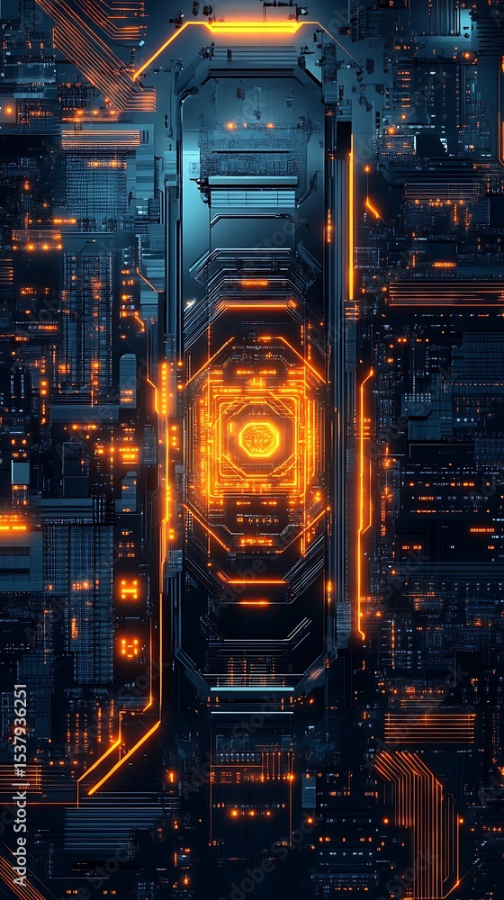 Aufkleber glowing orange circuit paths illuminate a complex computer core in a dark, futuristic landscape
