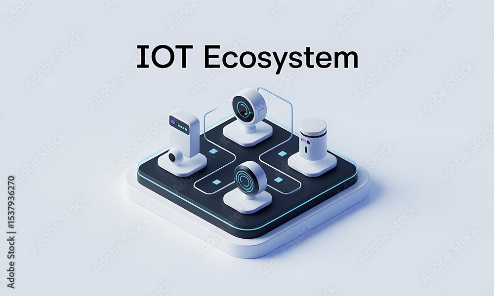 Poster smart devices showcase the iot ecosystem on platform, displaying interconnectedness in a clean studi
