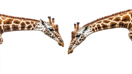 Naklejka premium Two giraffe heads face each other against a stark white background, necks arched inward
