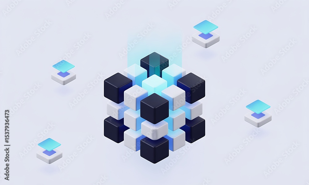 Poster Isometric Cube Structure Represents Data Transfer in a Modern, Clean Design with Conceptual Focus on Cloud Computing and Technology.