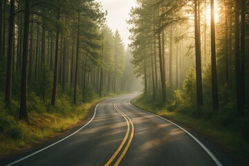 Fototapeta premium Curving asphalt road through dense pine forest with morning sunlight and mist in peaceful natural landscape