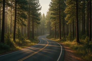 Fototapeta premium Curving asphalt road through dense pine forest at sunrise with soft light and shadows in tranquil natural landscape