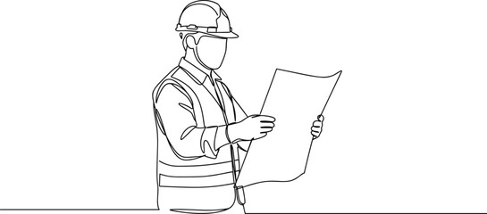 Construction worker line drawing, architect holding blueprint, engineer planning project, safety helmet design sketch, worker outline vector, building site illustration, technical job site artwork