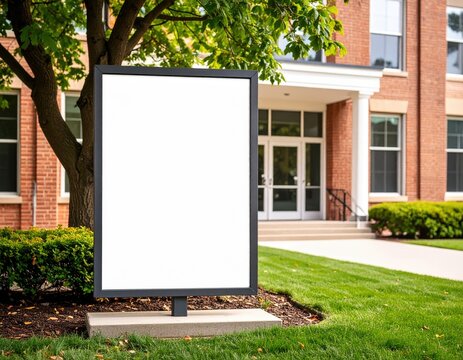 Blank black framed sign on a college campus lawn near a brick building