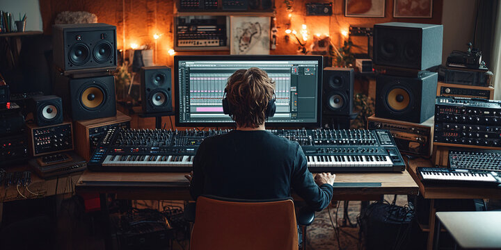 A person sits at a home music studio, surrounded by equipment and technology, creating music.