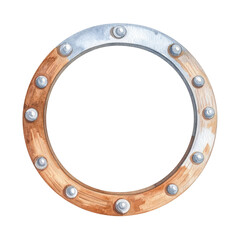 A hand painted watercolor circular frame featuring a rustic design with metallic rivets and a mix of wood and metal textures, perfect for vintage or steampunk themes.