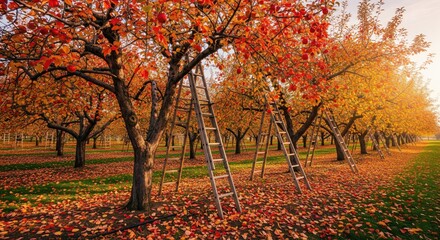 Naklejka premium Autumn Orchard With Ladders And Colorful Fallen Leaves