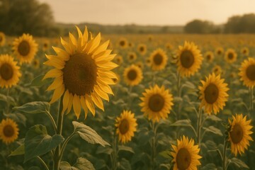 Vibrant sunflower field at sunset with golden light and clear sky in rural countryside landscape