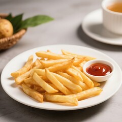 4k high quality Ai generative HD art photo realistic store business menu sell selling market restaurant western food eat cooking handmade salt french fries potato ceramic original white plate ketchup