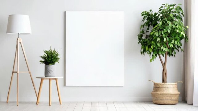 Blank canvas mockup on white wall with lamp, plant on table, and ficus in a woven pot for product display, artistic background, home decor.