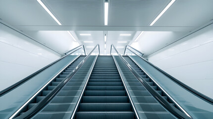 Escalators going up in modern building interior with bright lighting