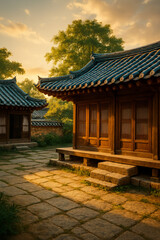 Traditional Korean hanok architecture in seasonal landscape settings (Generative AI)
