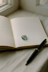 Vintage-style flat lay with handmade glass marbles and open notebook near window (Generative AI)