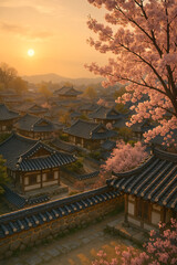 Traditional Korean hanok architecture in seasonal landscape settings (Generative AI)