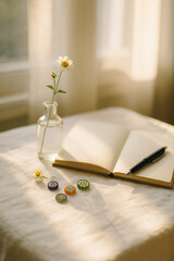 Vintage-style flat lay with handmade glass marbles and open notebook near window (Generative AI)