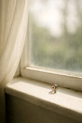 Vintage-style flat lay with handmade glass marbles and open notebook near window (Generative AI)