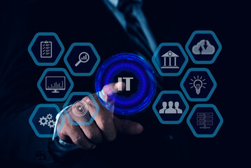 IT consultant presenting tag cloud about information technology. Tech icons illustration. Futuristic background. Businessman pointing Icon IT.