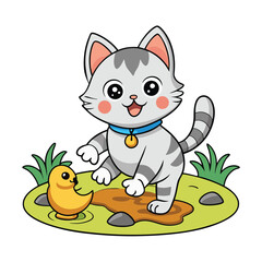 Happy Kitten Having Fun Outdoors in Muddy Puddle with Toy Duck – Colorful Vector Art for Children's Books and Educational Materials.eps